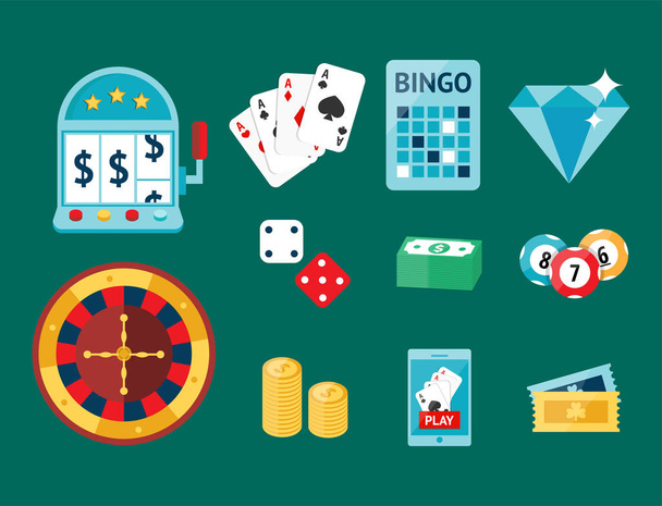 Casino game poker gambler symbols blackjack cards money winning roulette joker vector illustration. - Vektor, kép