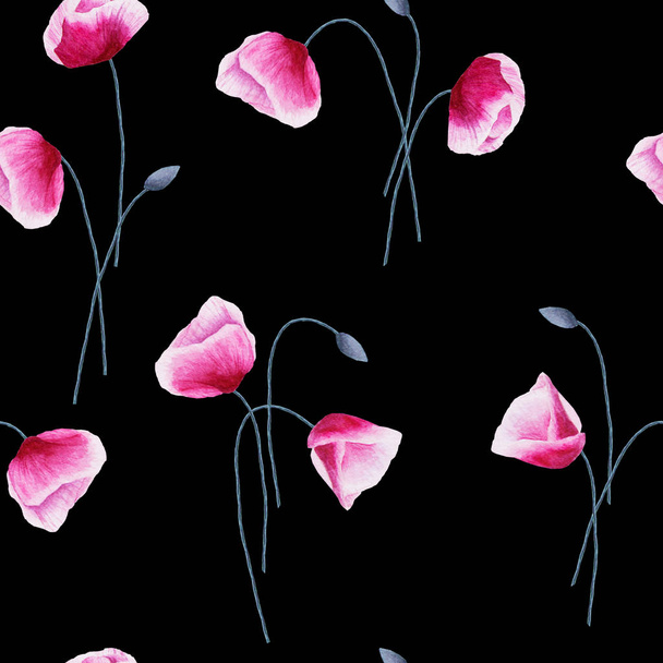 Seamless pattern with watercolor poppy flowers and buds on black - Photo, Image
