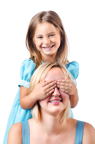Happy mom and daughter on white - Photo, Image