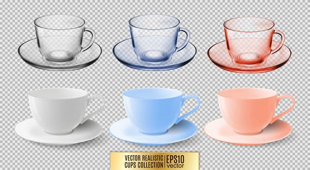A set of glass and ceramic tea cups. Transparent multicolored glass mugs. High detailed vector illustration of colorful cups isolated on white background - Vector, Image