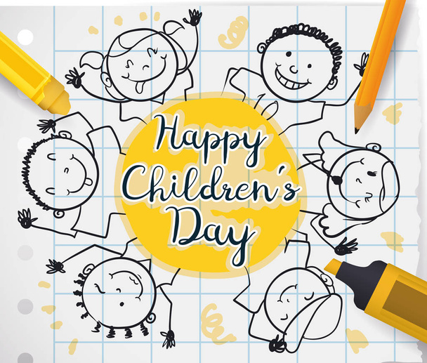 Kids Drawing and School Supplies to Celebrate Children's Day, Vector Illustration - Vektör, Görsel