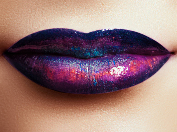 Closeup of beautiful full woman's lips with bright fashion gloss makeup - Photo, Image