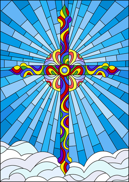 Illustration in stained glass style with bright cross on a background of blue sky and clouds - Vector, Image