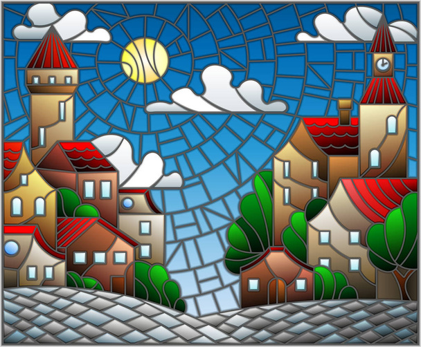 Illustrazione in stile vetrate, paesaggio urbano, tetti e alberi contro il cielo e il sole del giorno
 - Vettoriali, immagini