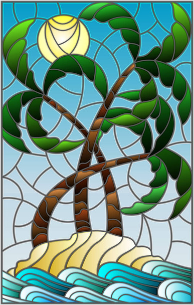 Illustration in stained glass style with a tropical sea landscape, coconut trees  on the sandy beach on the background of Sunny sky  - Vector, Image