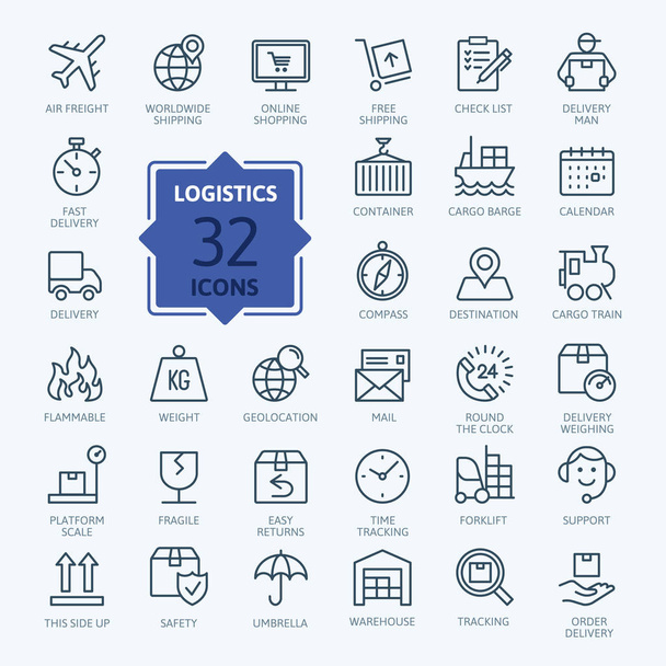 Logistics, delivery, transportation - outline web icon set, vector, thin line icons collection - Vector, Image