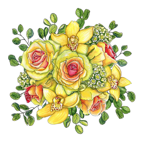 Bright watercolor flower bouquet with yellow-pink roses, orchids - Foto, imagen