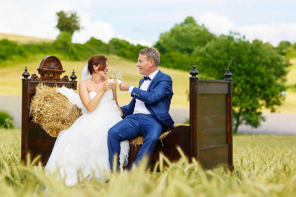 Щаслива весільна пара в пшеничному полі
 - Фото, зображення