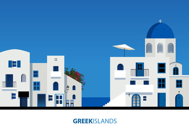 Griechische Inseln. Blick auf typische griechische Inselarchitektur bei blauem Himmel. - Vektor, Bild
