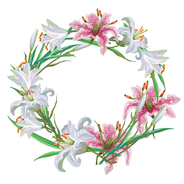 floral frame of white and pink lilies. Vector illustration. - Vector, Image