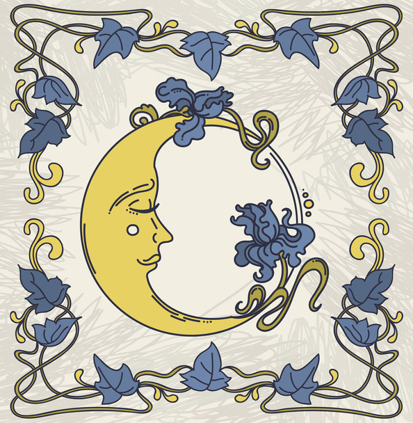 Schönes Poster im Jugendstil mit Mond, Schwertlilien und floralem Rahmen - Vektor, Bild