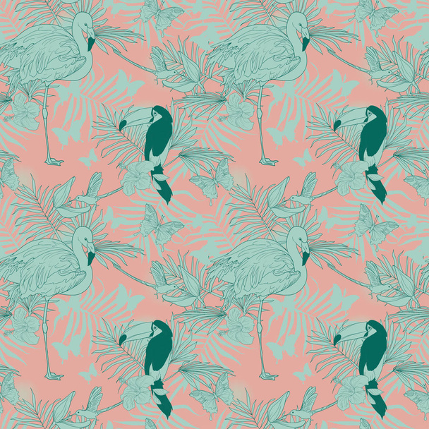 Seamless pattern with tropical birds, plants and butterflies - Vektor, kép
