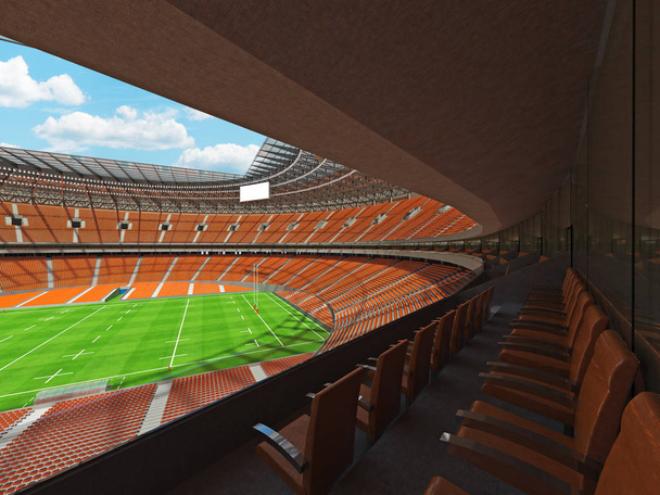 Круглый стадион регби с оранжевыми сиденьями для ста тысяч болельщиков с VIP-боксами
 - Фото, изображение