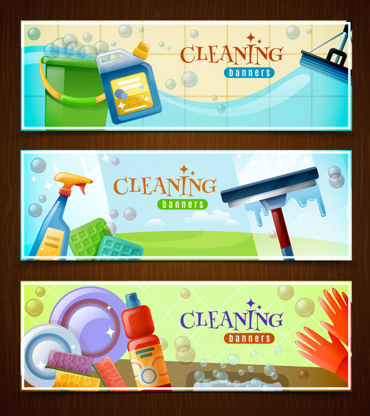 Cleaning Horizontal Banners Set - Vector, Image