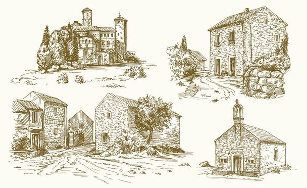 Italy, traditional rural houses. Hand drawn illustration. - Vector, Image