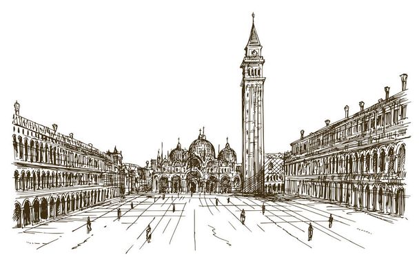 İtalya, Venedik, San Marco. Elle çizilmiş kroki. - Vektör, Görsel