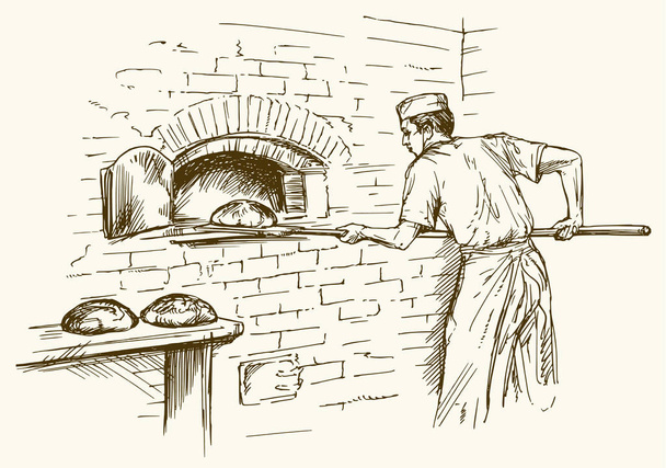 Panettiere tirando fuori con pane pala dal forno, vettore illustr
 - Vettoriali, immagini