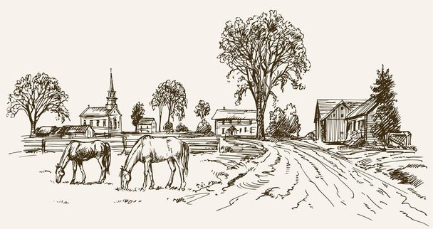 Vintage view of New England farm with horses, hand drawn vector  - Vector, Image