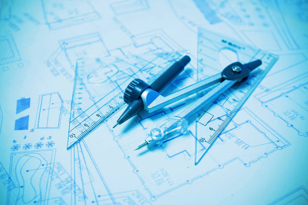 Construction planning and drawing tools background (blueprint) - Photo, Image