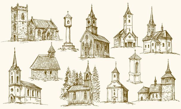 Conjunto de antiguas iglesias rurales. Ilustración vectorial dibujada a mano
. - Vector, Imagen