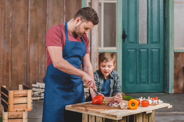 Father and son cutting vegetables   - Photo, Image