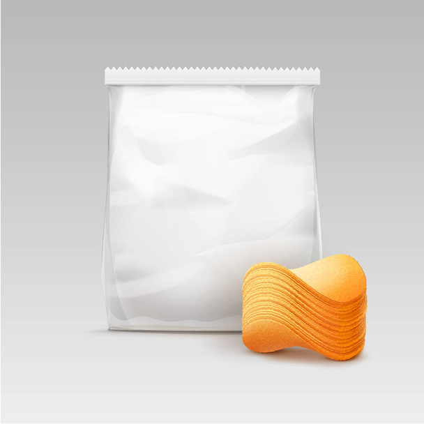 Διανυσματικά λευκό κάθετη σφραγισμένη διάφανη πλαστική σακούλα για Σχεδιασμός συσκευασίας με στοίβα της πατάτας τραγανά τσιπς εσωτερικη απομονωμένη σε λευκό φόντο - Διάνυσμα, εικόνα