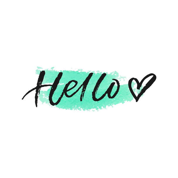 Hello lettering with heart on turquoise watercolor stain. Vector illustration - Vecteur, image