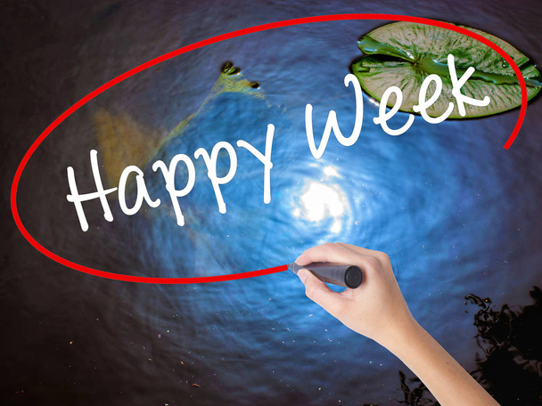 Woman Hand Writing Happy Week with marker over transparent board - Photo, Image