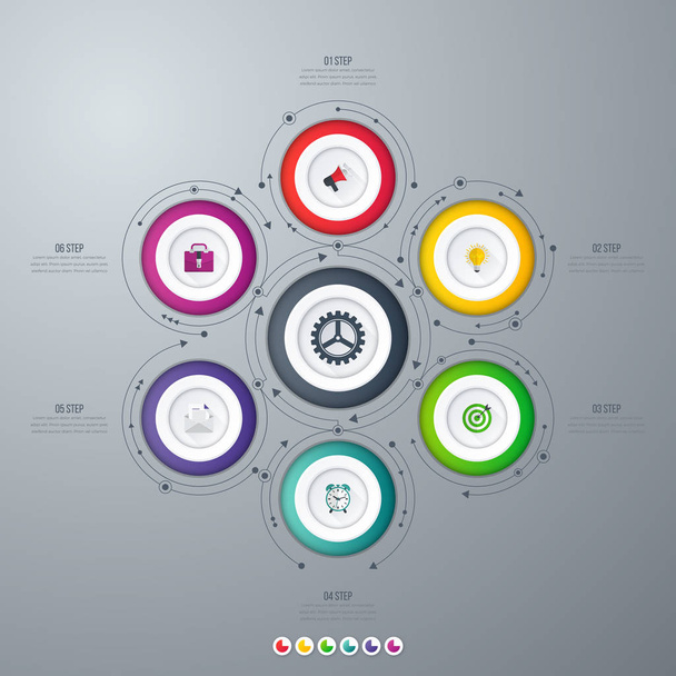 Infographics sjabloon 6 opties met cirkel - Vector, afbeelding