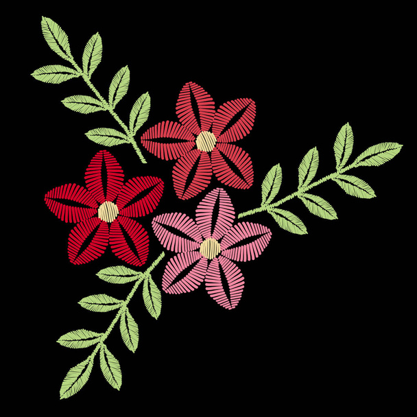 Πολύχρωμο λουλούδι με φύλλο απομίμηση βελονιές κεντήματος - Διάνυσμα, εικόνα