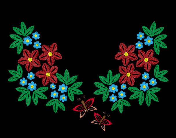 Czerwony i niebieski kwiat imitujące ściegi haftu motyl - Wektor, obraz