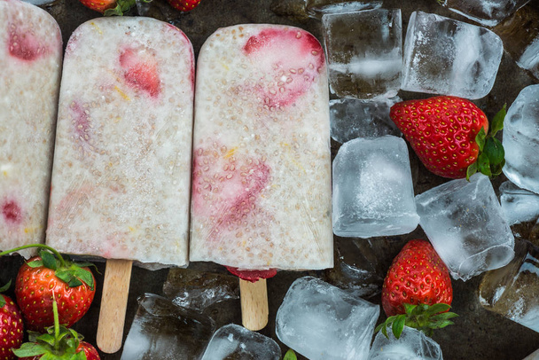 Strawberry Popsicles with Chia Seeds and Coconut Milk - Photo, Image
