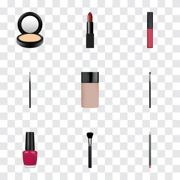 Realistic Eye Paintbrush, Blusher, Mouth Pen And Other Vector Elements. Set Of Maquillage Realistic Symbols Also Includes Polish, Powder, Highlight Objects. - Wektor, obraz