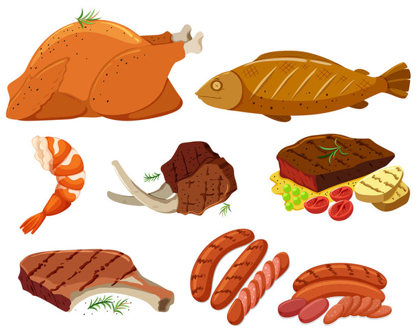 Different types of grilled meat - Vector, Image