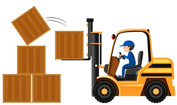 Man lifting wooden boxes with forklift - Vector, Image