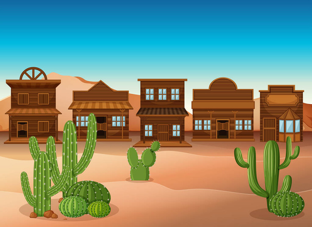 Scéna s obchody a kaktus v poušti - Vektor, obrázek