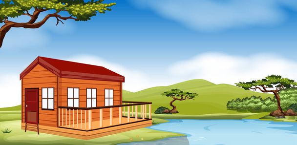 Ξύλινο εξοχικό σπίτι δίπλα στο ποτάμι - Διάνυσμα, εικόνα