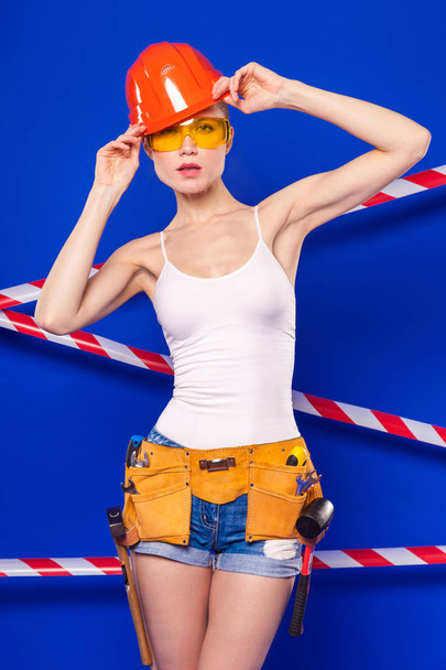 blonde woman in helmet and glasses - Photo, Image