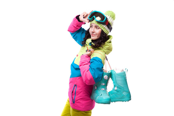 スキーの服装とスキー ブーツの女 - 写真・画像