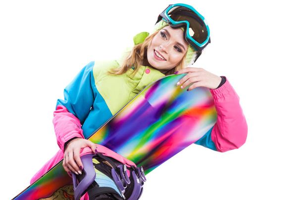 menina bonita em terno de esqui com snowboard
  - Foto, Imagem