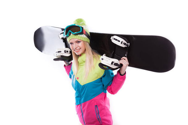 beautiful young woman with snowboard - Foto, Imagen