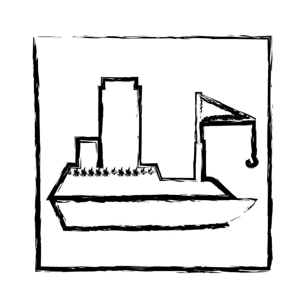 monochroom wazig silhouet van frame met tanker vrachtschip met kraan - Vector, afbeelding