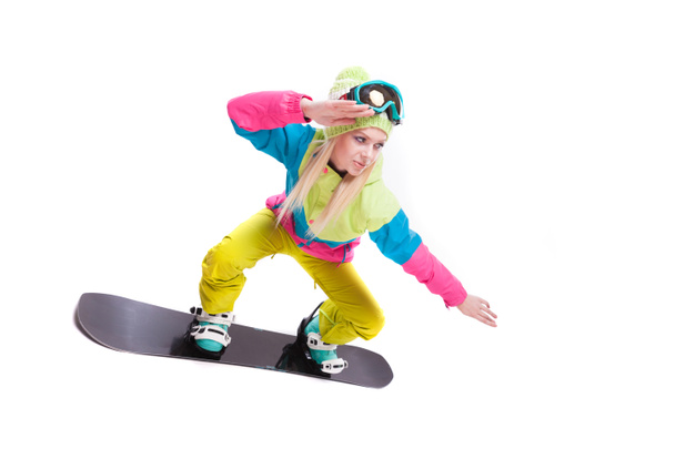 Kobieta w kombinezon narciarski z snowboard - Zdjęcie, obraz