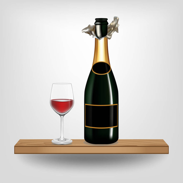 Zelená láhev vína a skla na dřevěné police - Vektor, obrázek