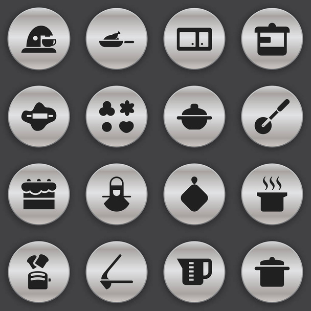 Набор из 16 редактируемых пищевых икон. Включает такие символы, как кастрюля, ломтик хлеба, кондитерские изделия и многое другое. Can be used for Web, Mobile, UI and Infographic Design
. - Вектор,изображение