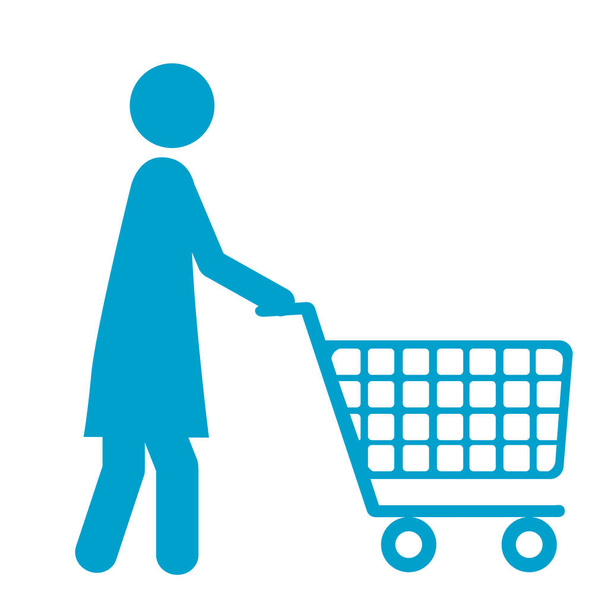 blue silhouette of pictogram woman with shopping cart - Vector, Image