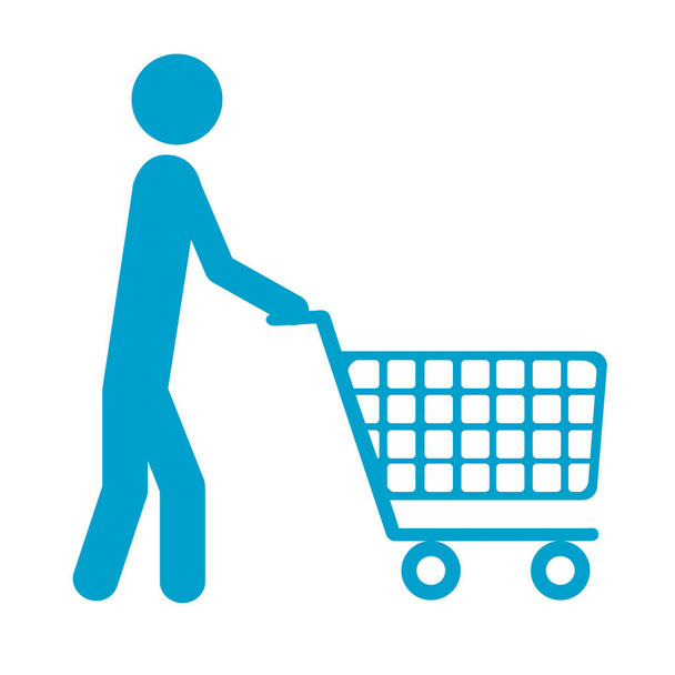 blauwe silhouet van pictogram man met winkelwagen - Vector, afbeelding