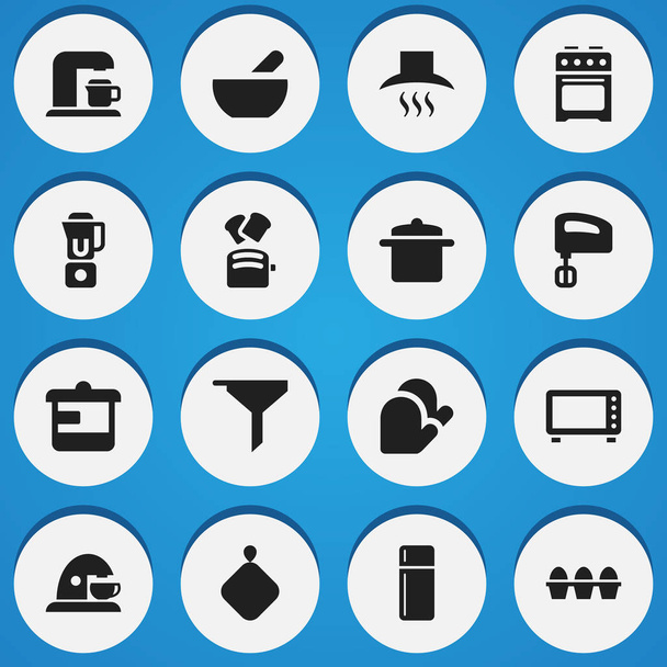 Ensemble de 16 icônes de repas modifiables. Comprend des symboles tels que l'ustensile, réfrigérateur, porte-pot et plus encore. Peut être utilisé pour le Web, mobile, interface utilisateur et infographie
. - Vecteur, image