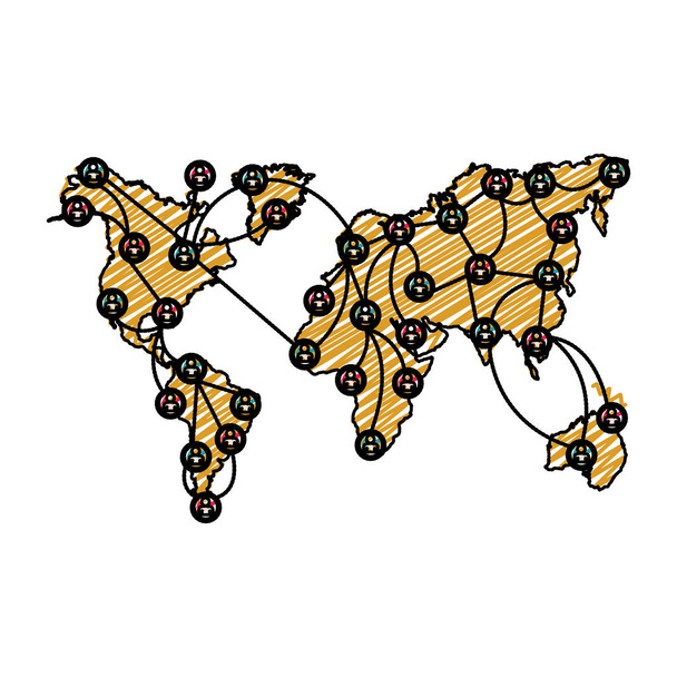 silueta de dibujo a lápiz de color de conexión de red social global con punteros de mapa
 - Vector, Imagen
