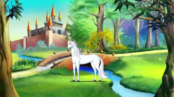Unicornio blanco cerca de un castillo de cuento de hadas
 - Imágenes, Vídeo